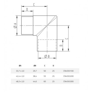 E45070 Rör böj 90° skarp hona / hane för Ø42,4x2  AISI316 - Slipad