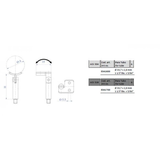 E041700 Justerbar Ledstångs hållare Ø42.4x2 H75mm AISI316 - Slipad 