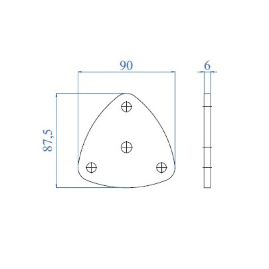 E08150 Fotplatta 87,5x90 Ø12 T6mm AISI304 - Slipad 3hål Ø11mm