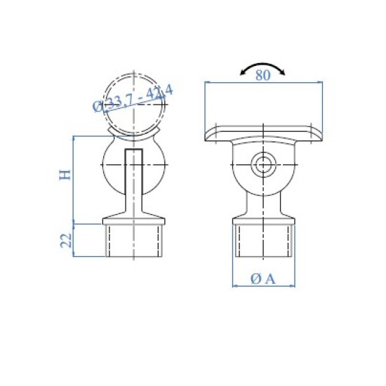 E4581 Ledstångshållare Ø42,4x2 H60mm AISI316 - Slipad Ø42,4mm