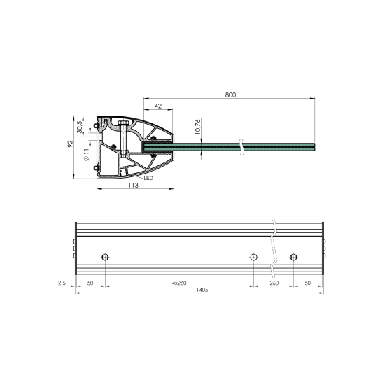 AL_SET1400 Entré/skärmtak skena L 1,4 m med 10,76 glas Design linear system / Skärmtak skena med glas
