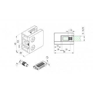A14230P-000-L  Glasfäste 45x45mm 6,76-10,76 mm AISI316 - Polerad löstagbar säkerhets bottenplatta 